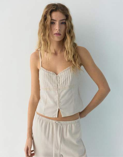 Pull&Bear Lace-trimmed camisole crop top in sand - view 1