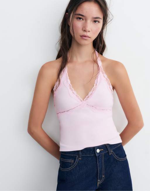 Pull&Bear Lace-trimmed halter top in pink, 3 of 4