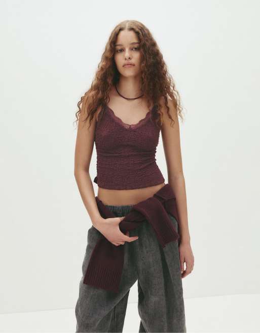 Pull&Bear Lace-trimmed top with straps in maroon