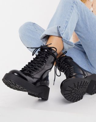 Pull&Bear lace up biker boot with chunky sole in black