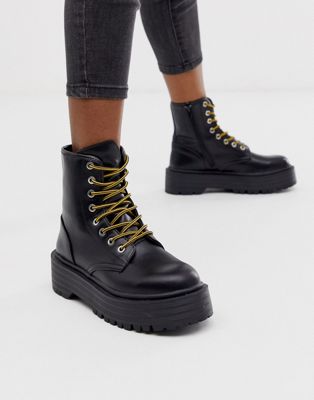 Pull&Bear lace up boot with chunky sole in black | ASOS