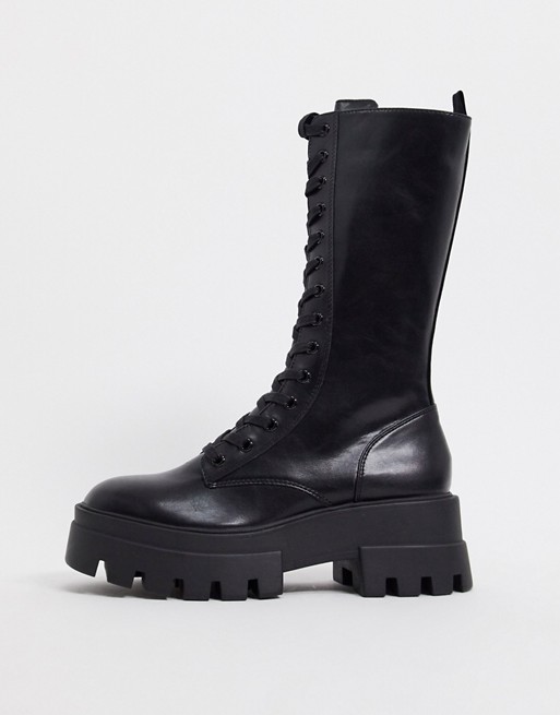 Pull&Bear lace up boot with cleated sole in black