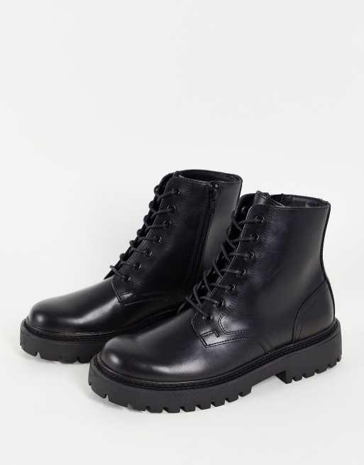 pull&bear lace up biker boot with chunky sole in black