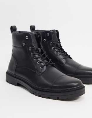pull&bear lace up biker boot with chunky sole in black