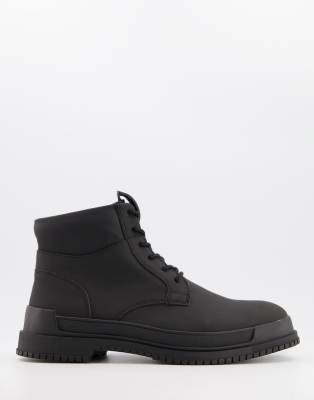 pull&bear lace up biker boot with chunky sole in black