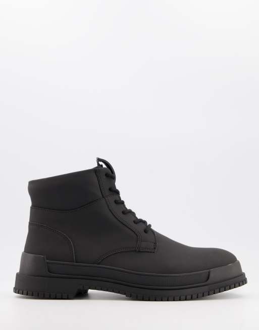 pull&bear lace up biker boot with chunky sole in black
