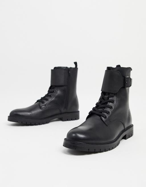 pull&bear lace up biker boot with chunky sole in black