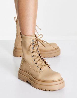 Pull&Bear lace up chunky ankle boots in tan - ASOS Price Checker