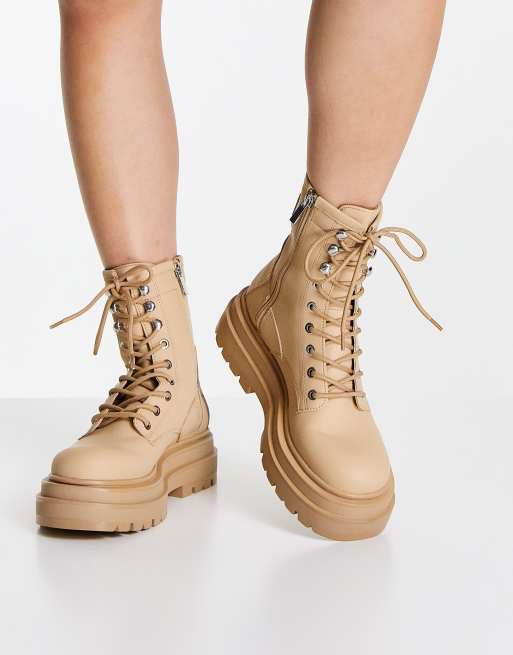 Pull Bear lace up chunky ankle boots in tan