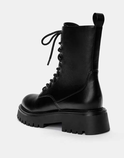 Pull&Bear Lace-up flat ankle boots in black ASOS