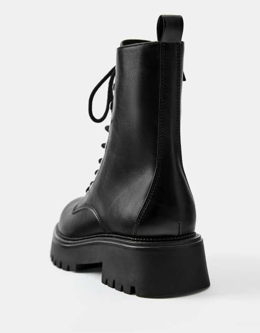 Pull&Bear Lace up flat boots in black, 4 of 5