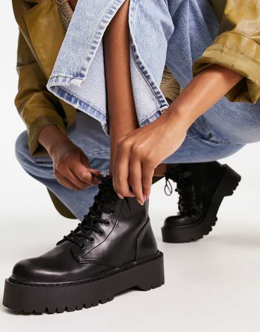 Pull Bear lace up flatform boot in black ASOS