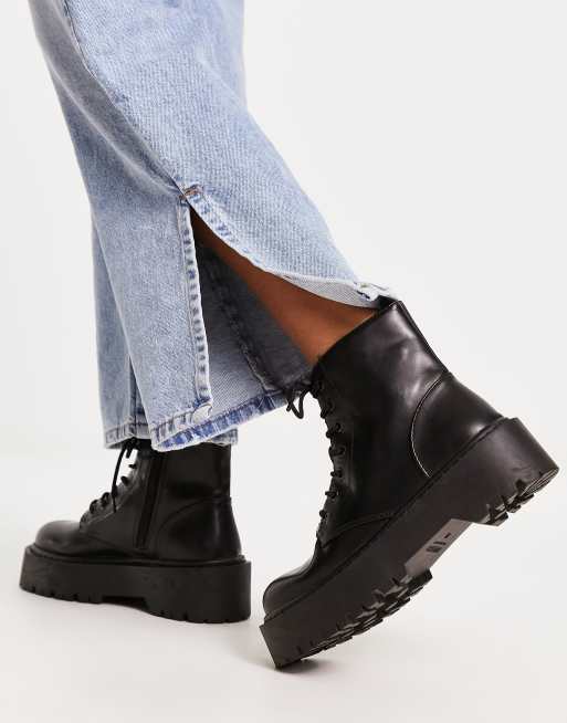 Pull Bear lace up flatform boots in black