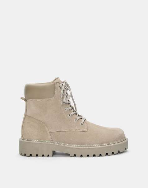Pull&Bear Lace-up leather boots in ecru - view 1