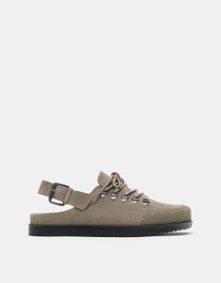Pull&Bear Lace-up leather clogs stwd in taupe