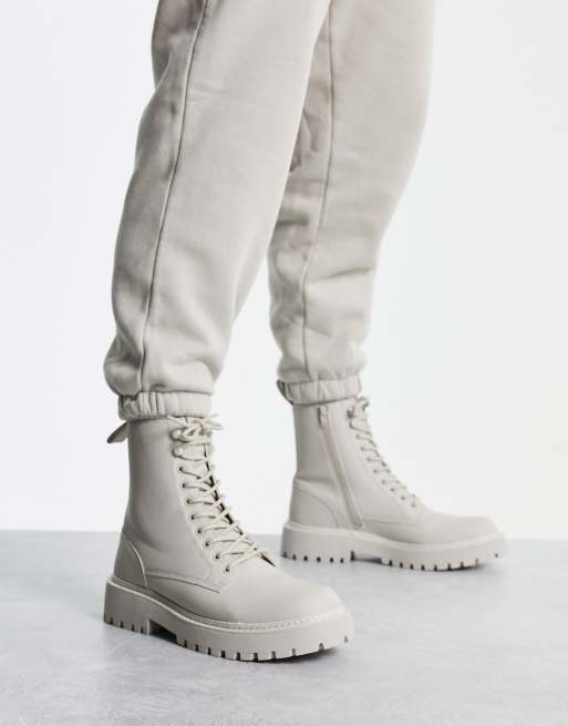 Pull Bear lace up military boots in off white