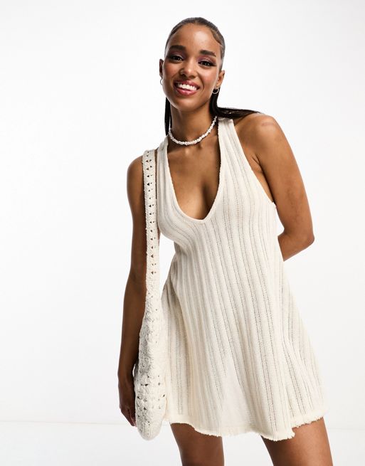 Pull&Bear ladder detail knit mini dress with tie back detail in sand | ASOS