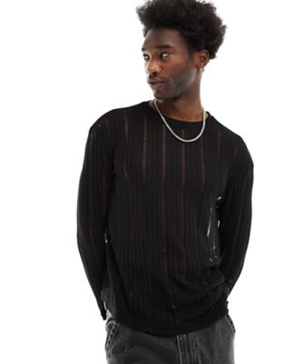 Pull&Bear ladder knitted long sleeve t-shirt in black