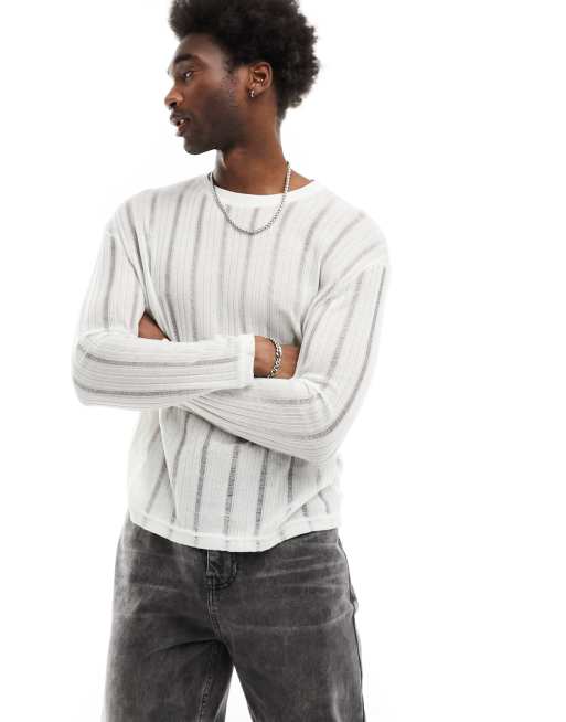 Pull&Bear ladder knitted long sleeve t-shirt in white 