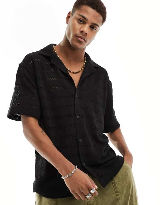 Pull&Bear ladder knitted shirt in black 