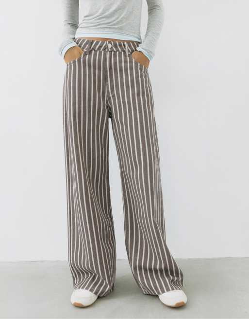 Pull&Bear lågmidjade randiga baggy jeans i brun, 2 av 6
