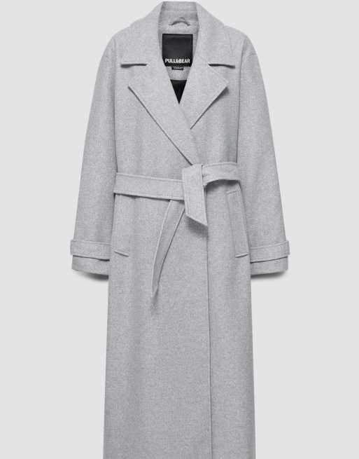 Pull&Bear lang frakke med bælte i mellemgrå, 5 af 7