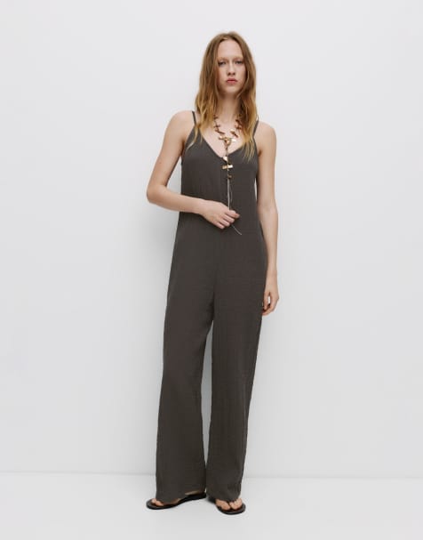 Pull&Bear - Lang grå jumpsuit med stropper - view 1