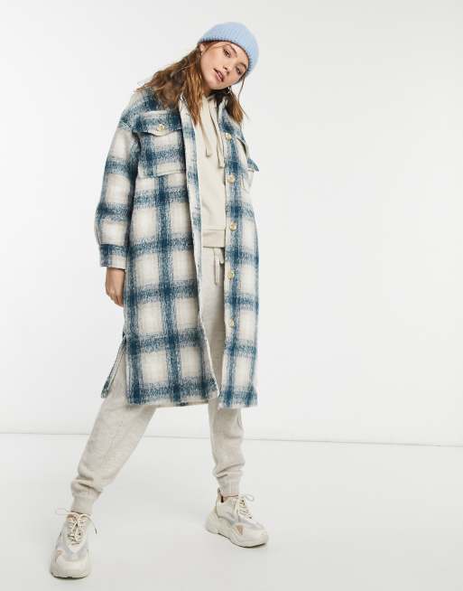 Pull&Bear - Lang overshirt-shacket in blauwe en bruine ruit