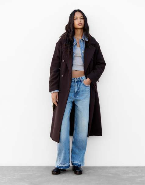 Pull&Bear - Lang vinrød frakke med filttekstur - view 1