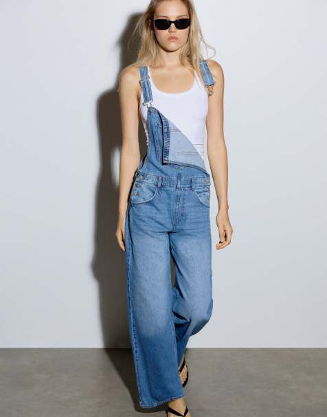 Pull&Bear långa denim-hängselbyxor i blått - view 1