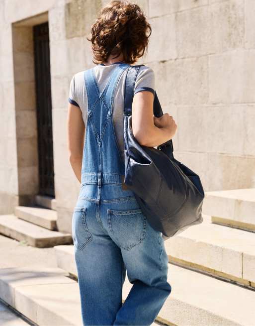 Pull&Bear långa denim-hängselbyxor i blått, 2 av 6