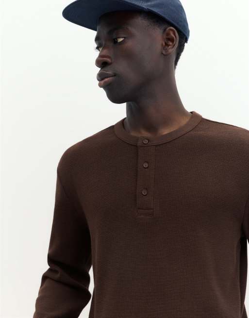 Pull&Bear Langarm-T-Shirt in Waffelstrick in Braun, 3 von 7