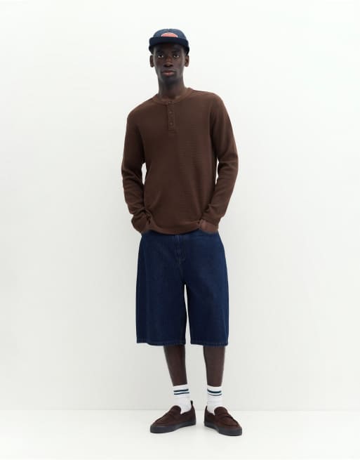 Pull&Bear Langarm-T-Shirt in Waffelstrick in Braun, 4 von 7