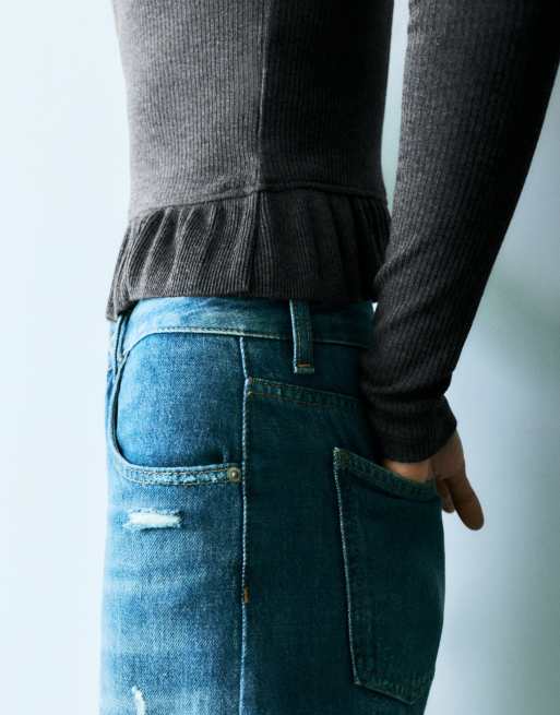 Pull&Bear Langarm-T-Shirt mit Rüschen in Graumeliert, 3 von 7