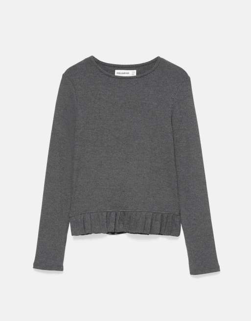 Pull&Bear Langarm-T-Shirt mit Rüschen in Graumeliert, 5 von 7