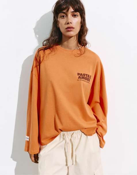 Pull&Bear långärmad grafisk t-shirt i orange - view 1