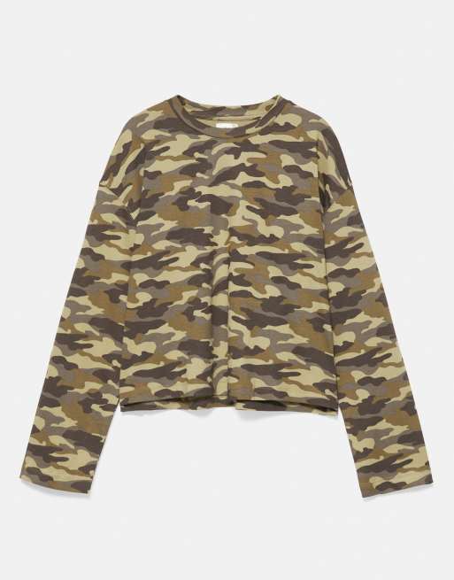 Pull&Bear långärmad mönstrad t-shirt i khaki, 6 av 7