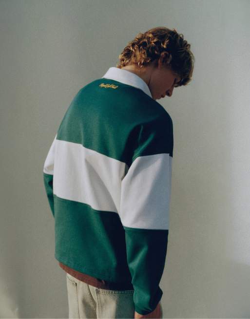 Pull&Bear långärmad Newport sport club-pikétröja i offwhite och grön rand, 2 av 7