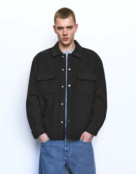 Pull&Bear långärmad overshirt i svart med ull - view 1