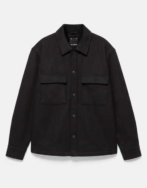 Pull&Bear långärmad overshirt i svart med ull, 5 av 7
