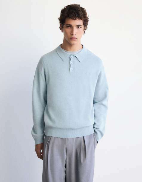 Pull&Bear långärmad stickad pikétröja i mellanblått - view 1