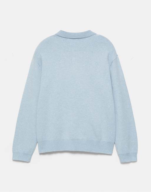 Pull&Bear långärmad stickad pikétröja i mellanblått, 7 av 7