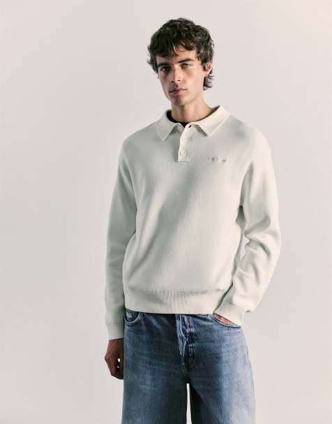 Pull&Bear långärmad stickad pikétröja i vitt - view 1