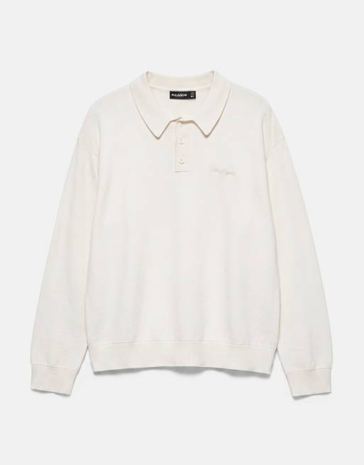 Pull&Bear långärmad stickad pikétröja i vitt, 5 av 7