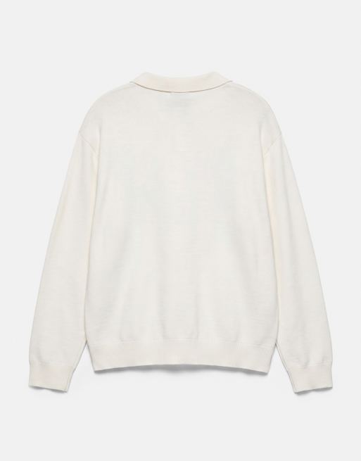 Pull&Bear långärmad stickad pikétröja i vitt, 7 av 7