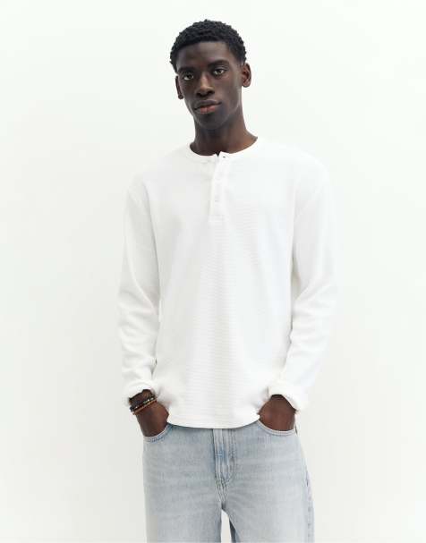 Pull&Bear långärmad t-shirt i våffelstickad struktur, vit - view 1