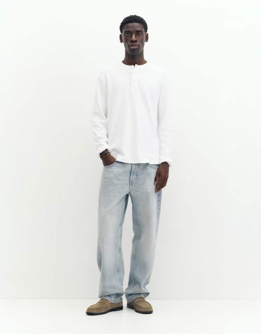 Pull&Bear långärmad t-shirt i våffelstickad struktur, vit, 3 av 7