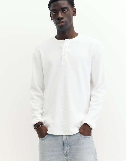 Pull&Bear långärmad t-shirt i våffelstickad struktur, vit, 7 av 7