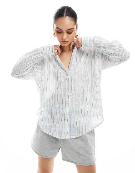 Pull&Bear – Langärmlige Oversize-Hemdbluse in Leinenoptik mit blauen Streifen