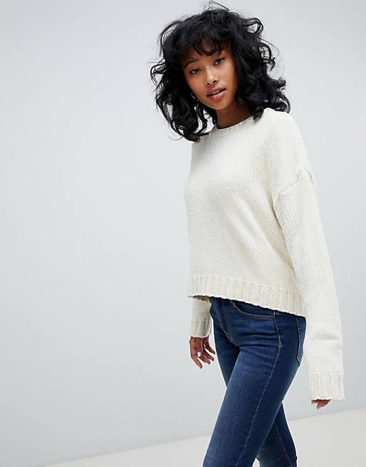 Pull&bear – Langärmliger Chenille-Pullover in Creme